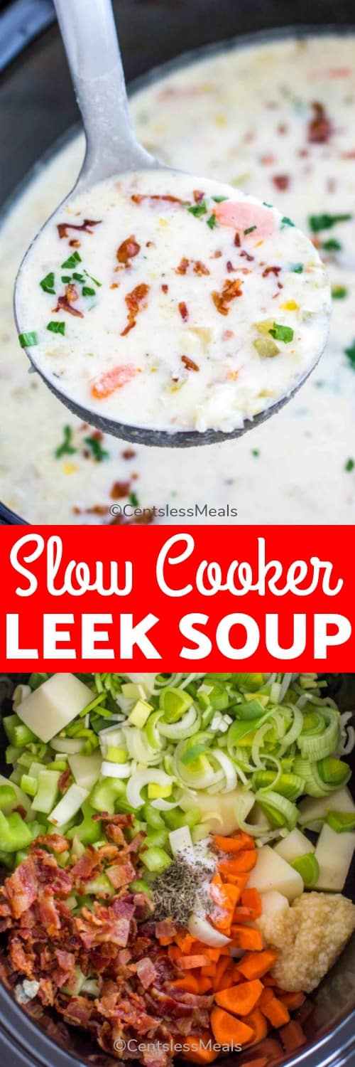 Slow cooker leek soup ingredients in a Crock-Pot and slow cooker leek soup in a ladle with a title