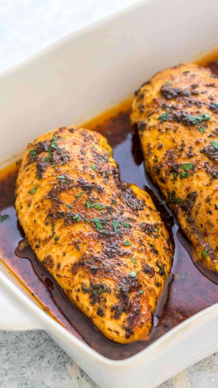 Oven-baked chicken breast in a casserole dish