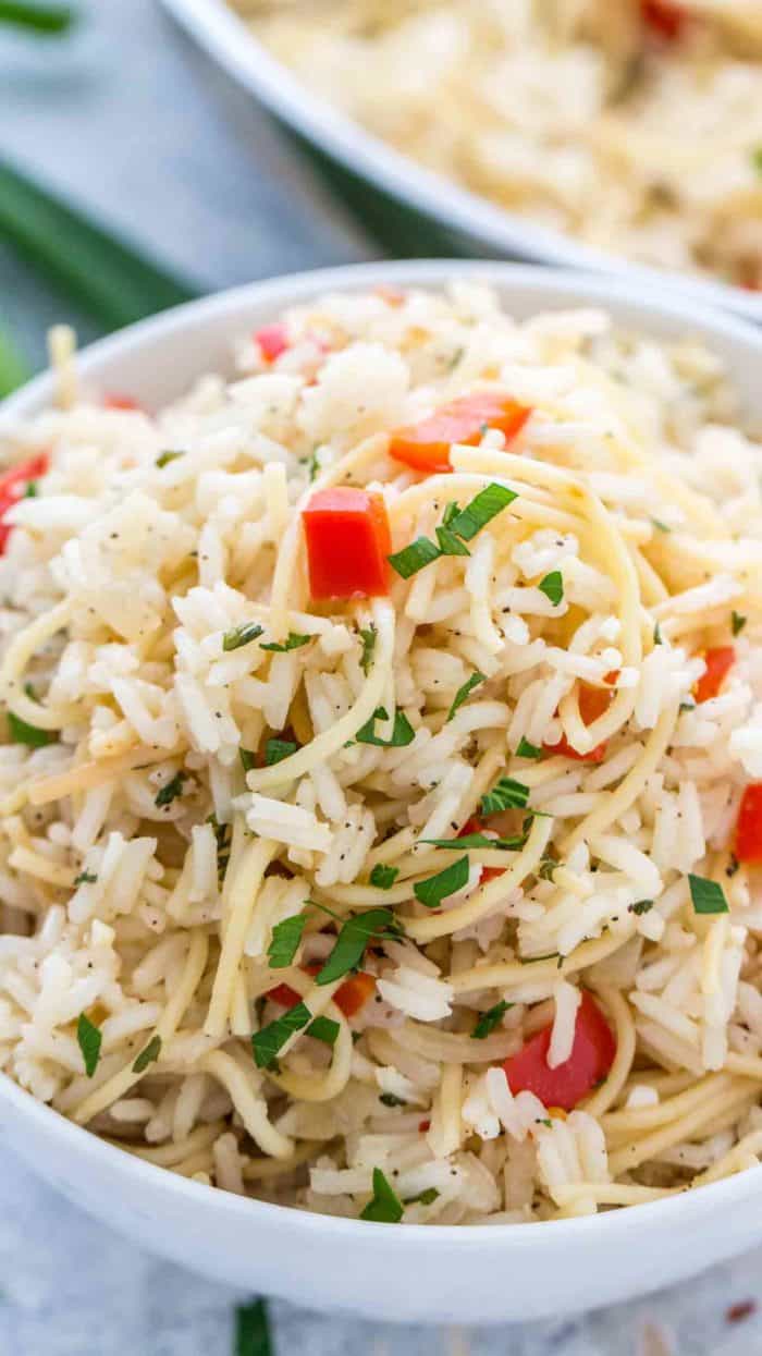 Rice a Roni in a bowl garnished with parsley