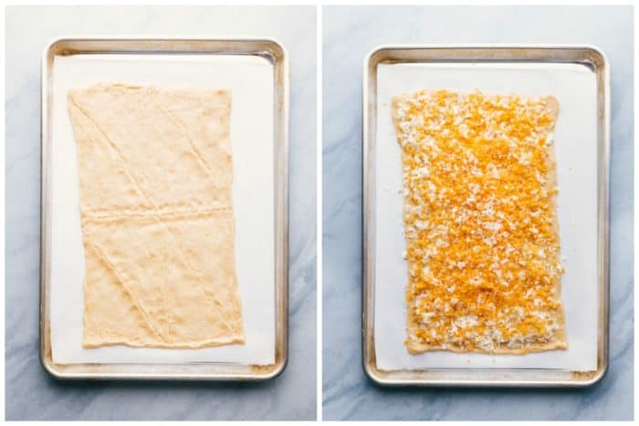 Steps to show how to make cheesy breadsticks on a baking sheet