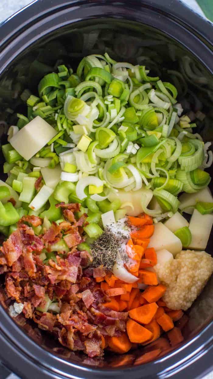 Slow Cooker Leek Soup ingredients in a crock pot