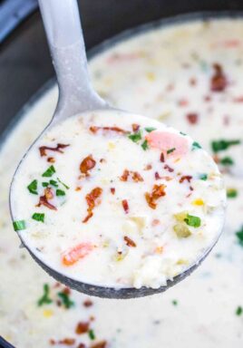 Slow Cooker Leek Soup in a ladle with a Crock-Pot in the background