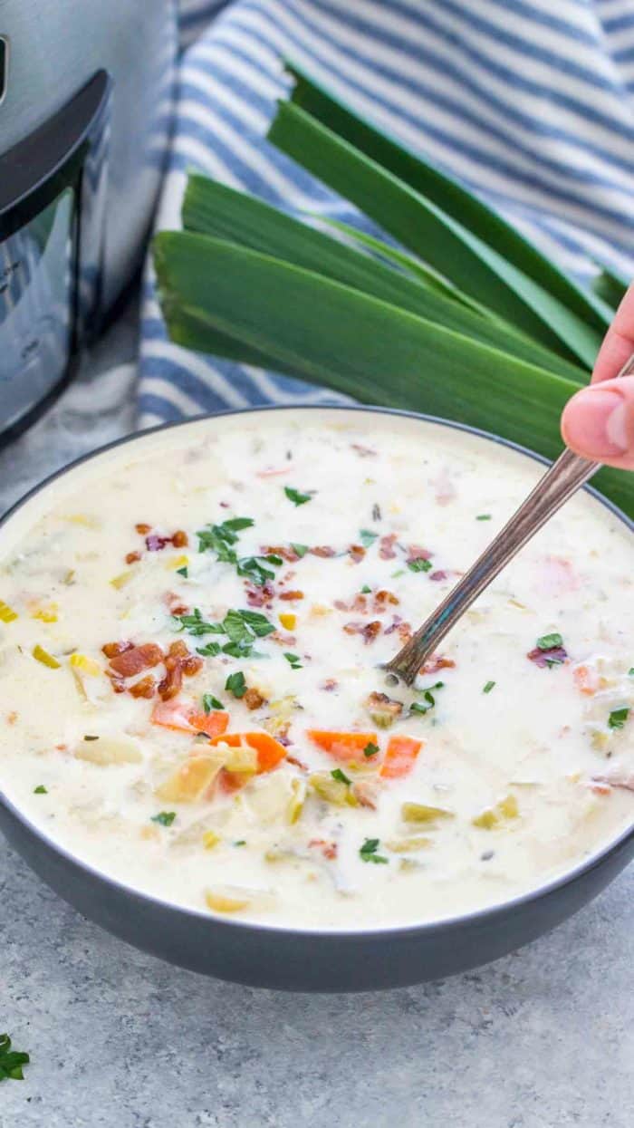 Slow Cooker Leek Soup in a bowl with a spoon