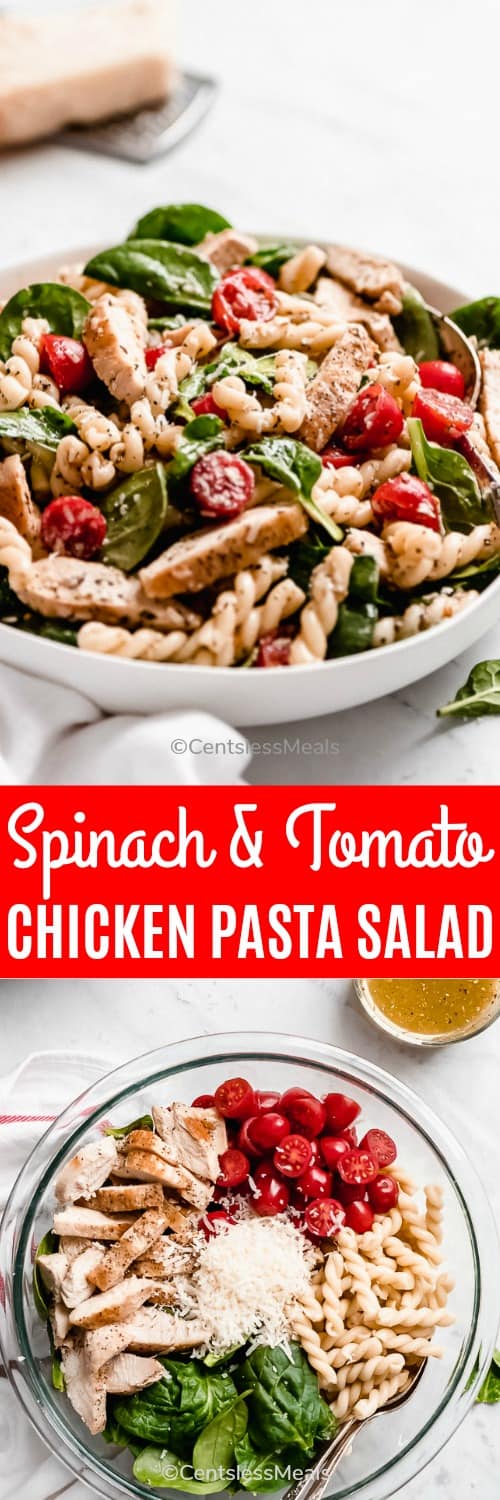 Spinach and tomato chicken pasta salad in a white bowl and ingredients for chicken pasta salad with a title