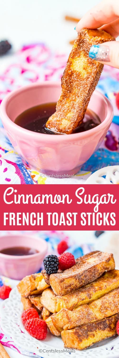 Cinnamon sugar French toast sticks on a plate and being dipped in syrup with a title