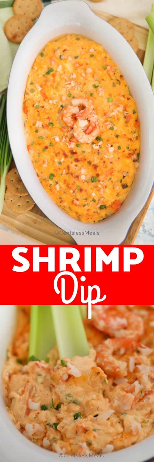 Shrimp dip in a dish with writing