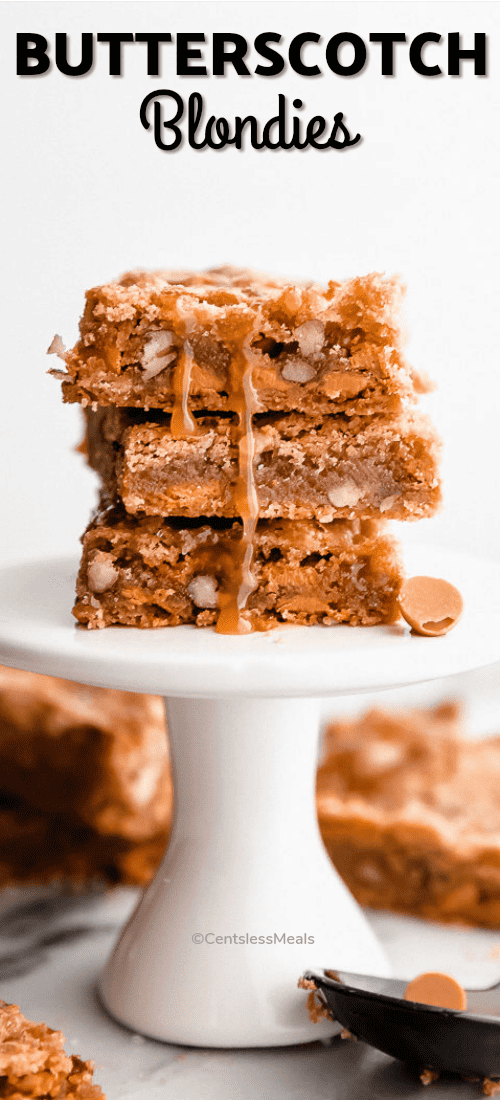 Butterscotch blondies with caramel on top and writing