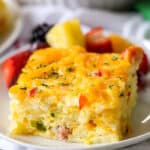 Simply Potatoes hash brown breakfast casserole on a plate garnish with parsley