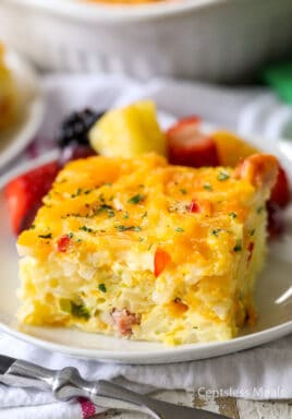 Simply Potatoes hash brown breakfast casserole on a plate garnish with parsley