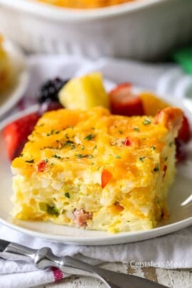 Simply Potatoes hash brown breakfast casserole on a plate garnish with parsley