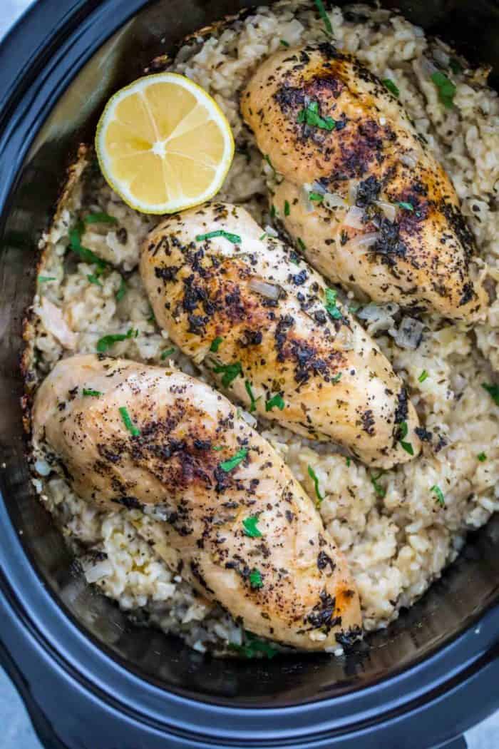 Crockpot Chicken and Rice in a Crock-Pot with a lemon