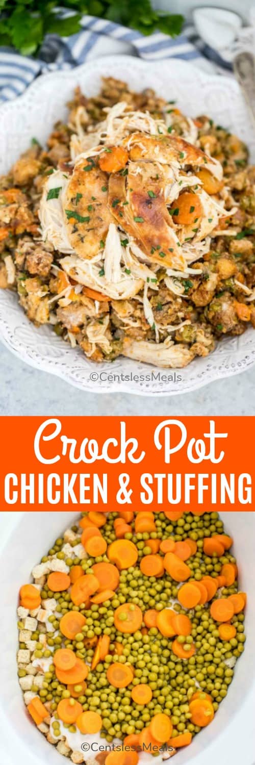 Crock-Pot chicken and stuffing ingredients in a crock pot and Crock-Pot chicken and stuffing on a plate with a title