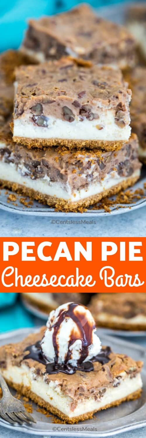 Pecan pie cheesecake bars on a plate with a fork and ice cream and writing