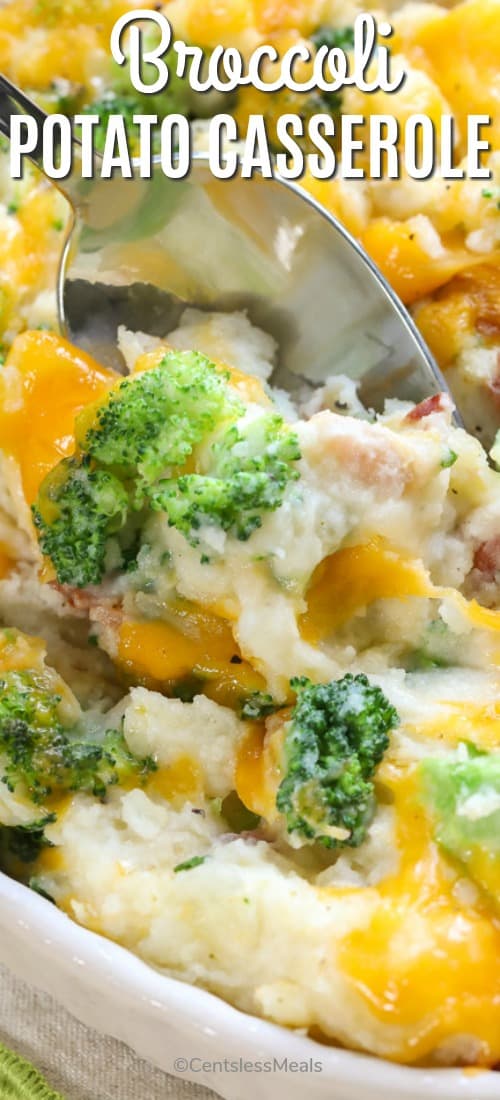 Cheesy broccoli potato casserole with a spoon and the title