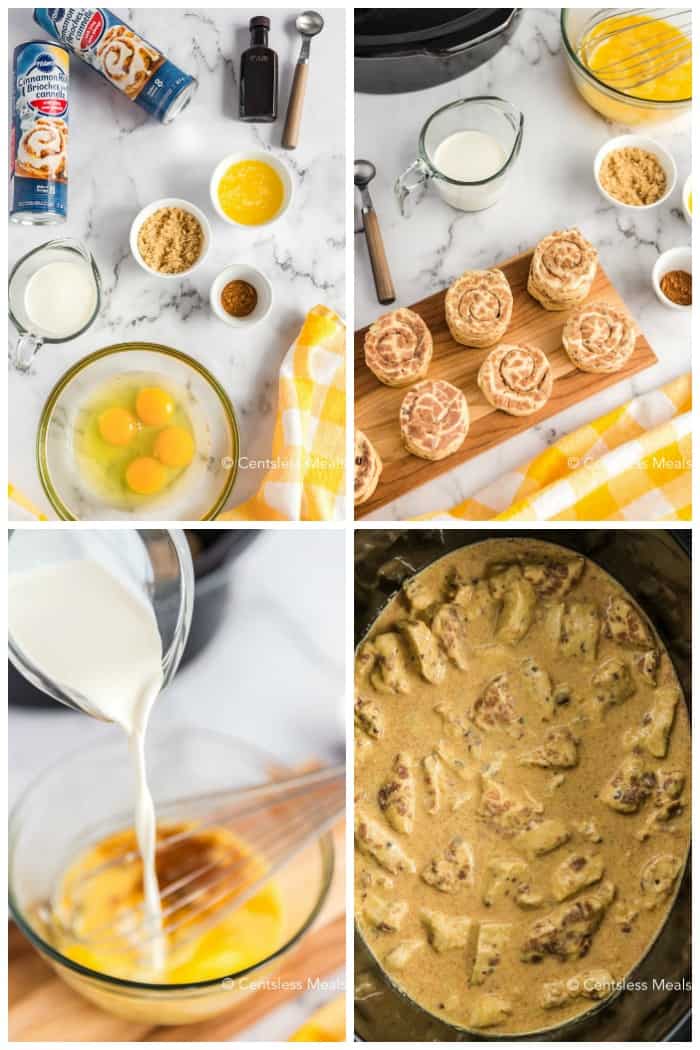 Ingredients for Crock-Pot cinnamon buns on a marble board and in the Crock-Pot