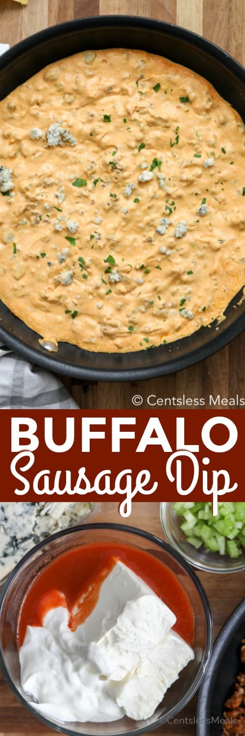 Buffalo sausage dip ingredients in a glass bowl and buffalo sausage dip in a pot with a title