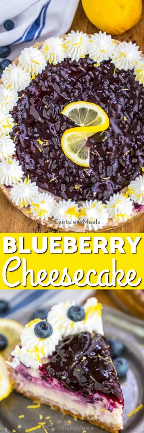 Blueberry cheesecake on a plate with a title