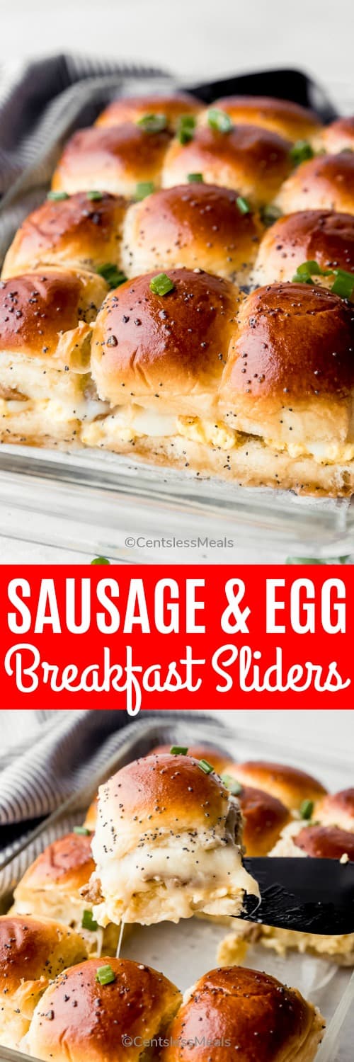 Breakfast Sliders in a casserole dish with a title