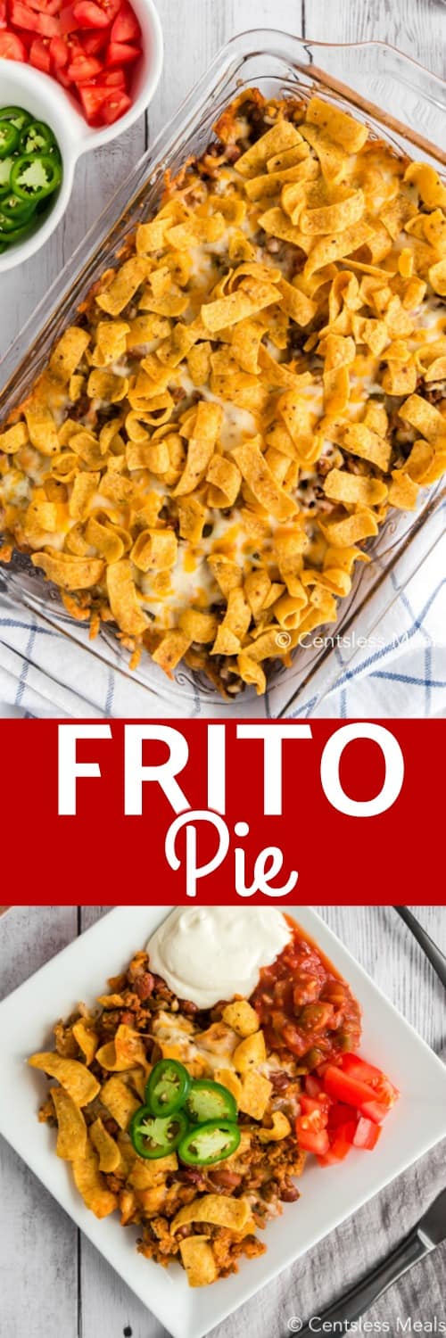 Frito pie in a casserole dish and on a plate with a title