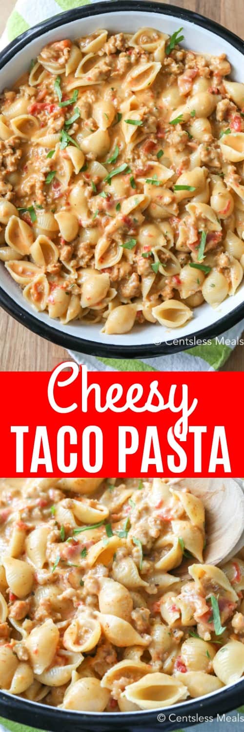 Cheesy taco pasta in a bowl with writing
