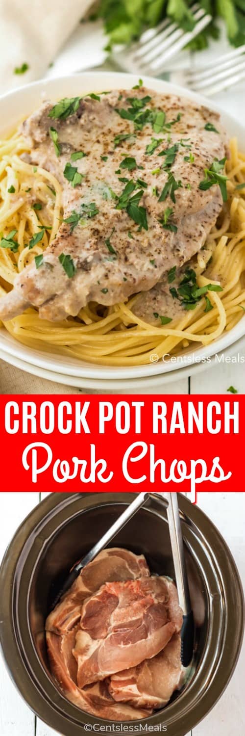 Raw pork chops in a crock pot and Crock-Pot ranch pork chops on a plate with a title