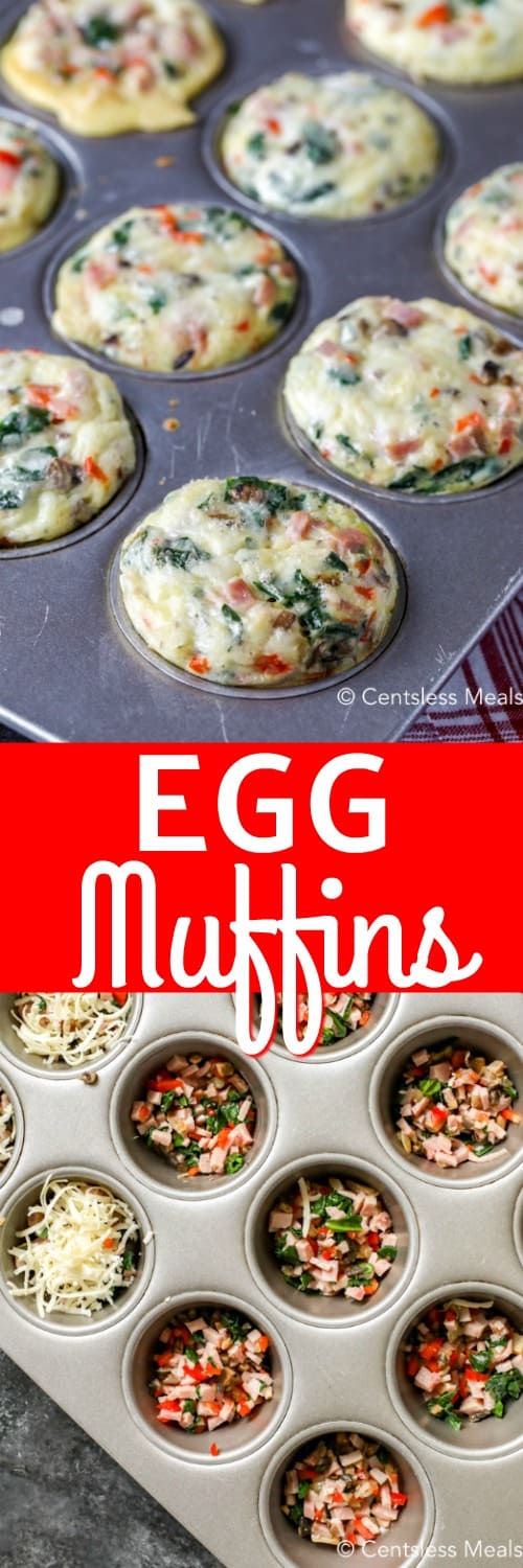 Ingredients for egg muffins in a muffin tin and cooked egg muffins in a muffin tin with a title