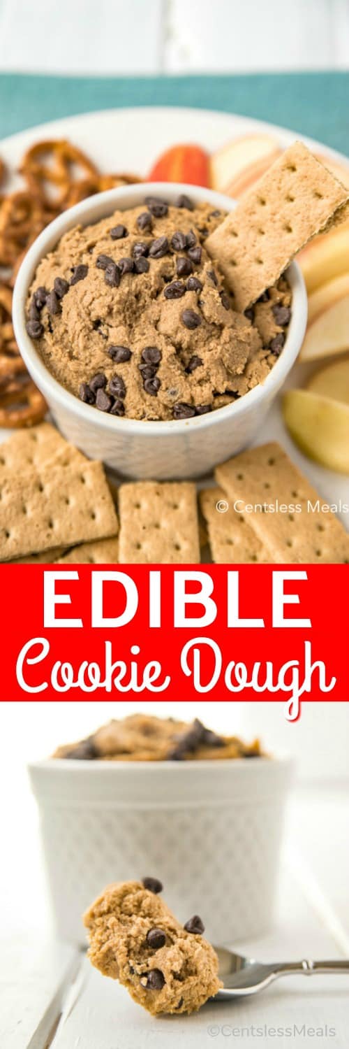 Edible cookie dough in a bowl with crackers and fruit and a title