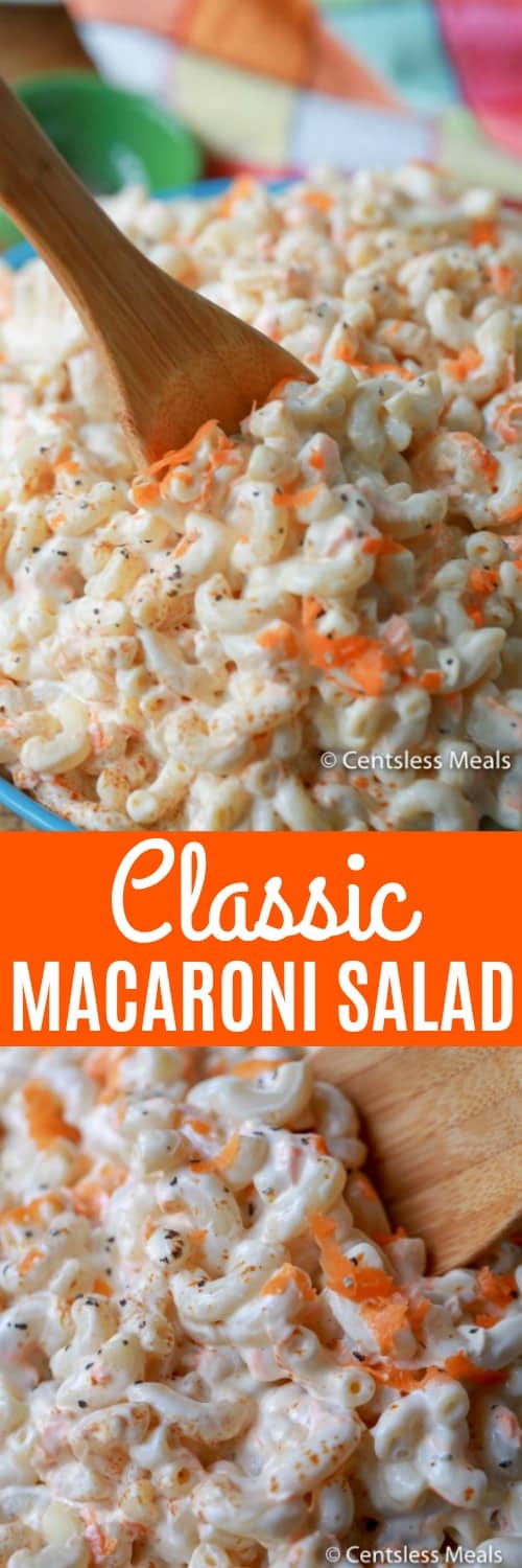 Macaroni salad in a bowl with a wooden spoon and writing