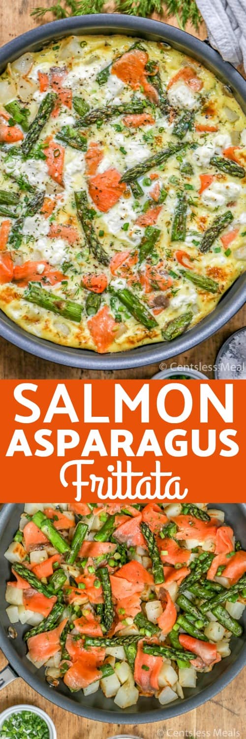 Salmon asparagus frittata in a pan with a title