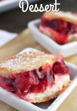 Cherry cream cheese dessert in bowls with a title