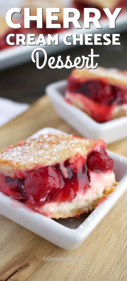 Cherry cream cheese dessert in bowls with a title