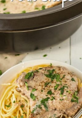 Crock-Pot ranch pork chops on a plate and in a pot with a title