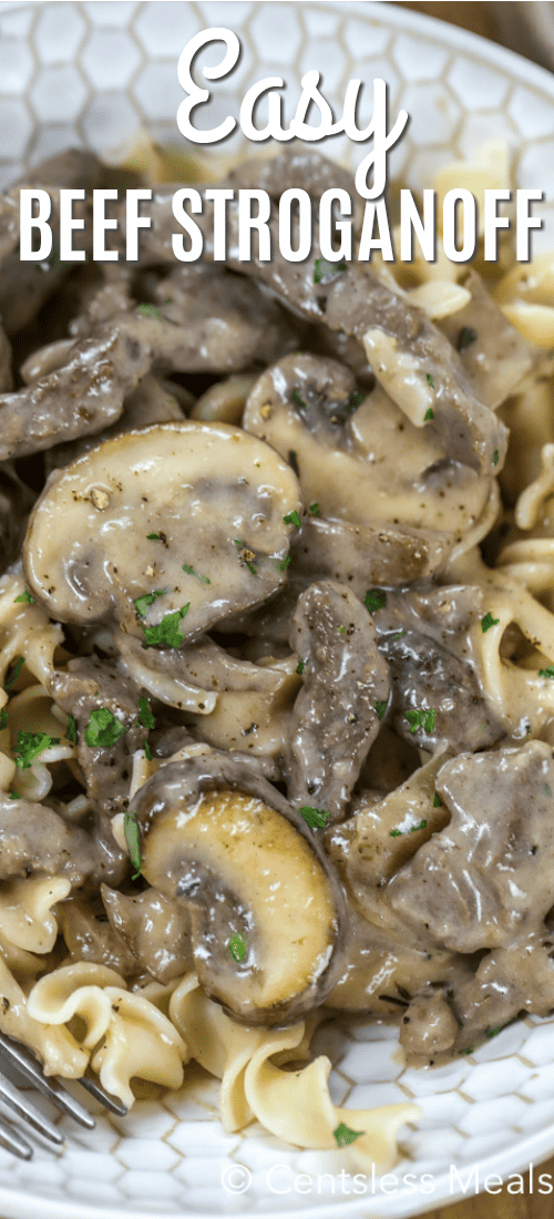 Easy beef stroganoff in a bowl with a title