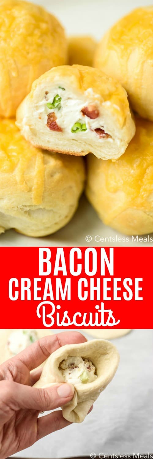 Raw bacon cream cheese biscuit in someone's hand and baked bacon cream cheese biscuits with a title