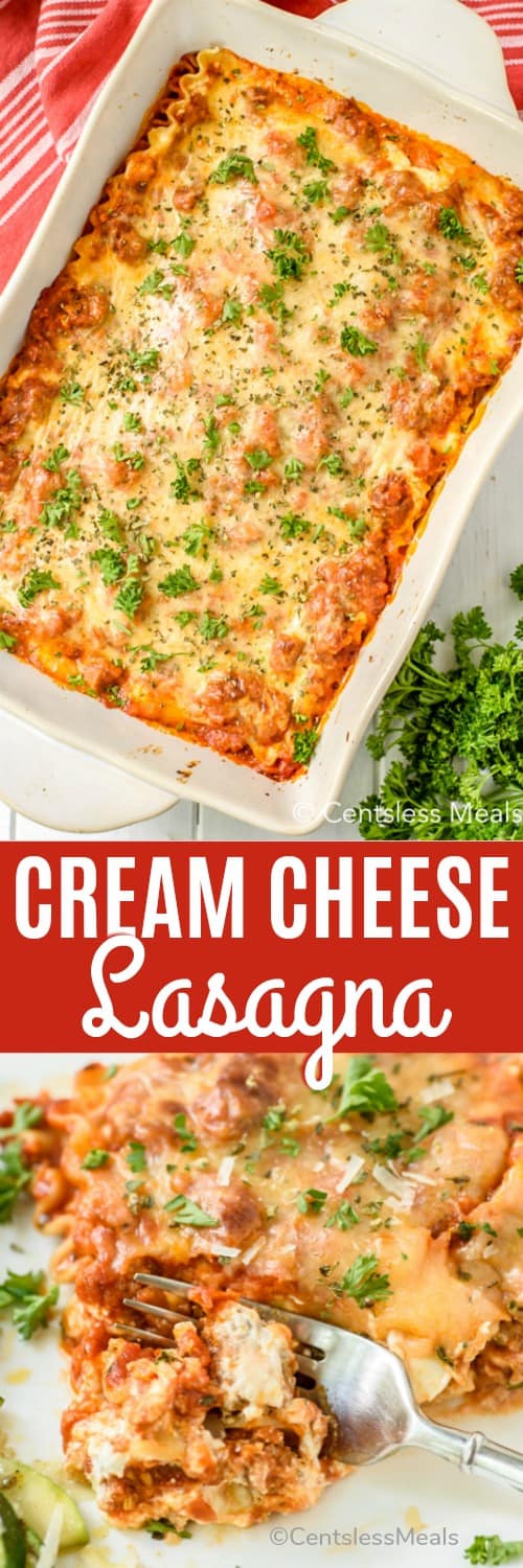 Cream cheese lasagna on a plate and in a casserole dish with a title