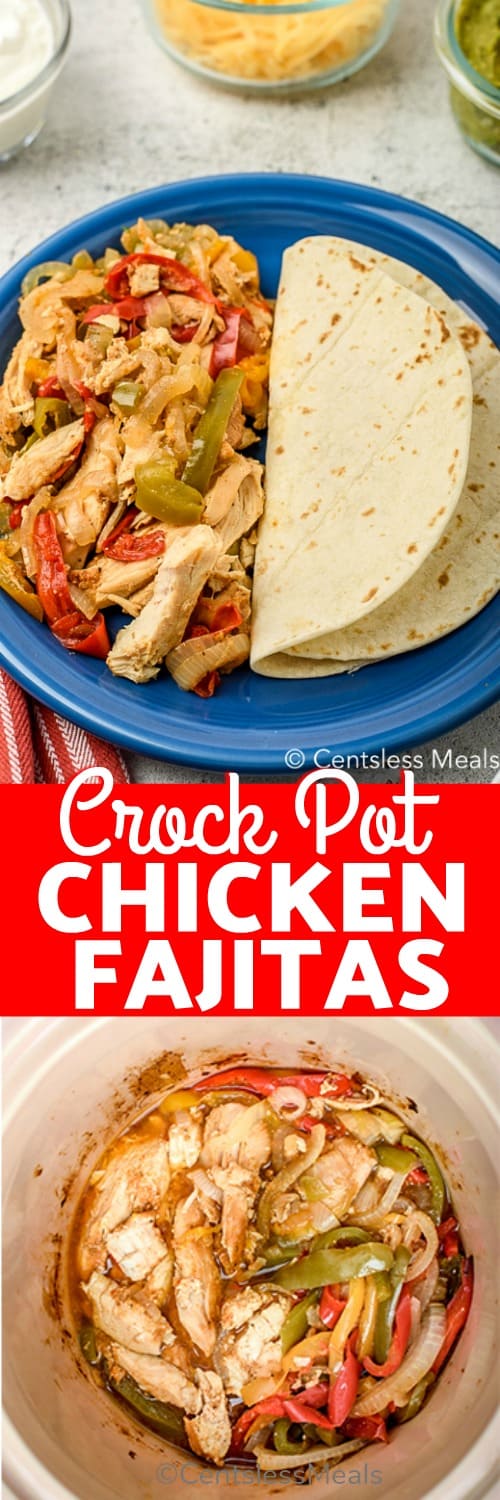 Crock-Pot chicken fajitas on a plate and in a Crock-Pot with a title
