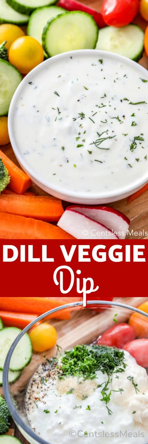 Ingredients for dill veggie dip in a clear bowl and Dill veggie dip in a white bowl with veggies and a title