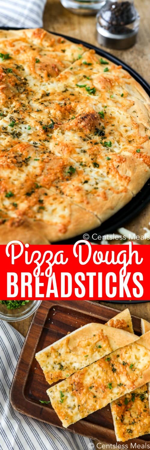 Pizza dough breadsticks on a wooden board and on a pizza tray with a title