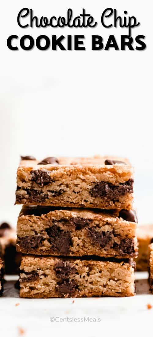 Stack of chocolate chip cookie bars with a title