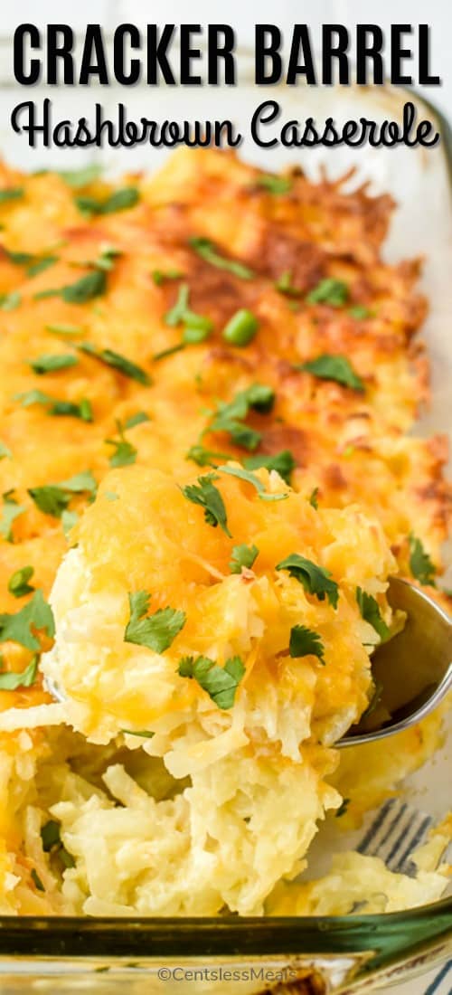 Cracker Barrel hashbrown casserole in a clear dish with writing