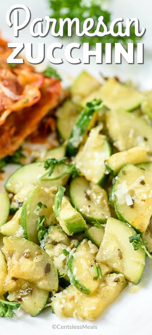 Parmesan zucchini on a plate with a title