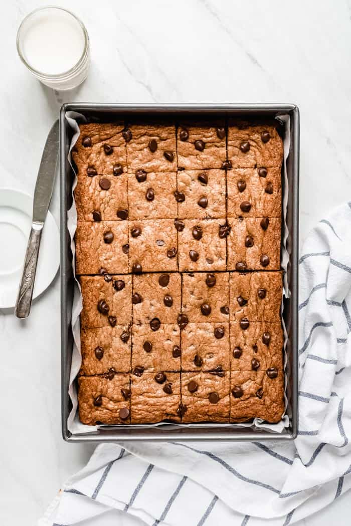 Chocolate chip cookie bars cut into squares
