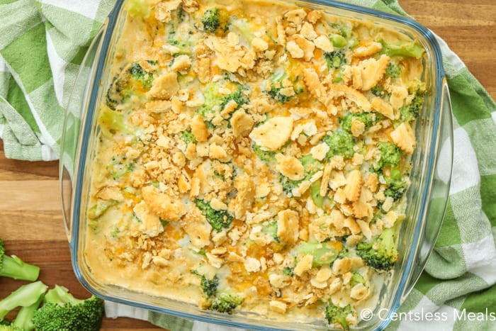 overhead of Broccoli Casserole with cracker crumbs on top