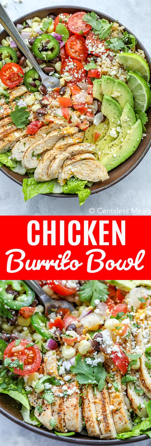 Chicken burrito bowl with writing