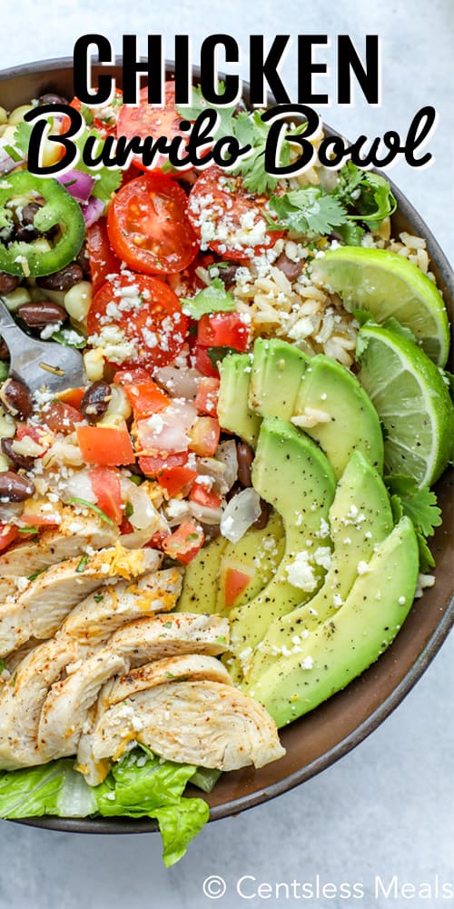 Chicken burrito bowl with a title