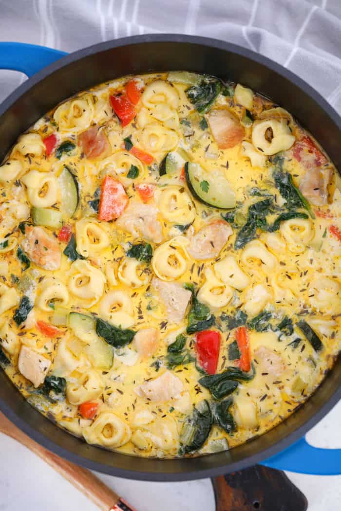 overhead of Chicken Tortellini Soup in a pot