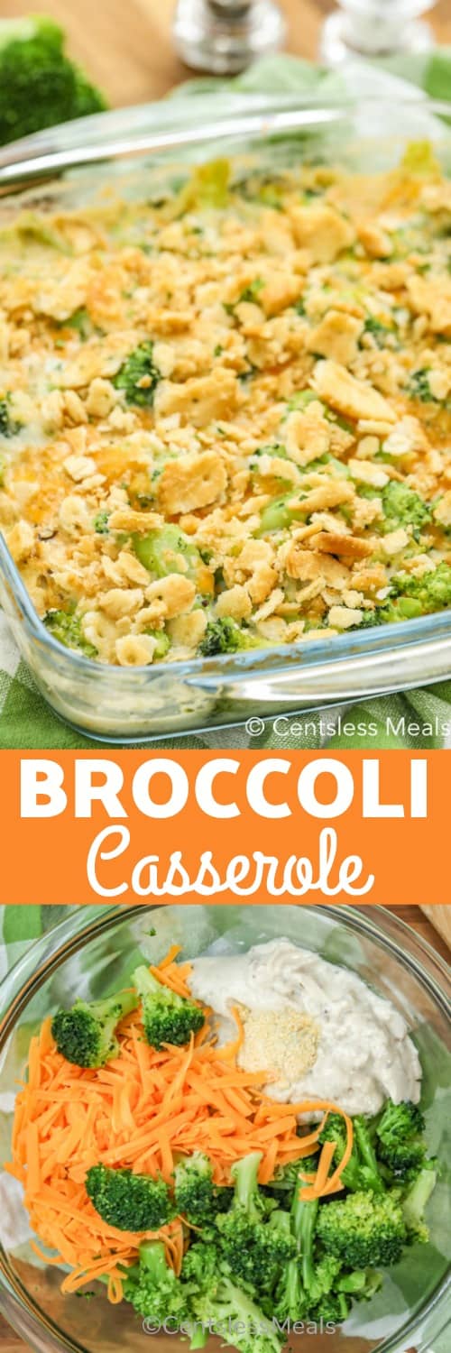 broccoli casserole in a dish, ingredients for Broccoli Casserole with cracker crumbs on top
