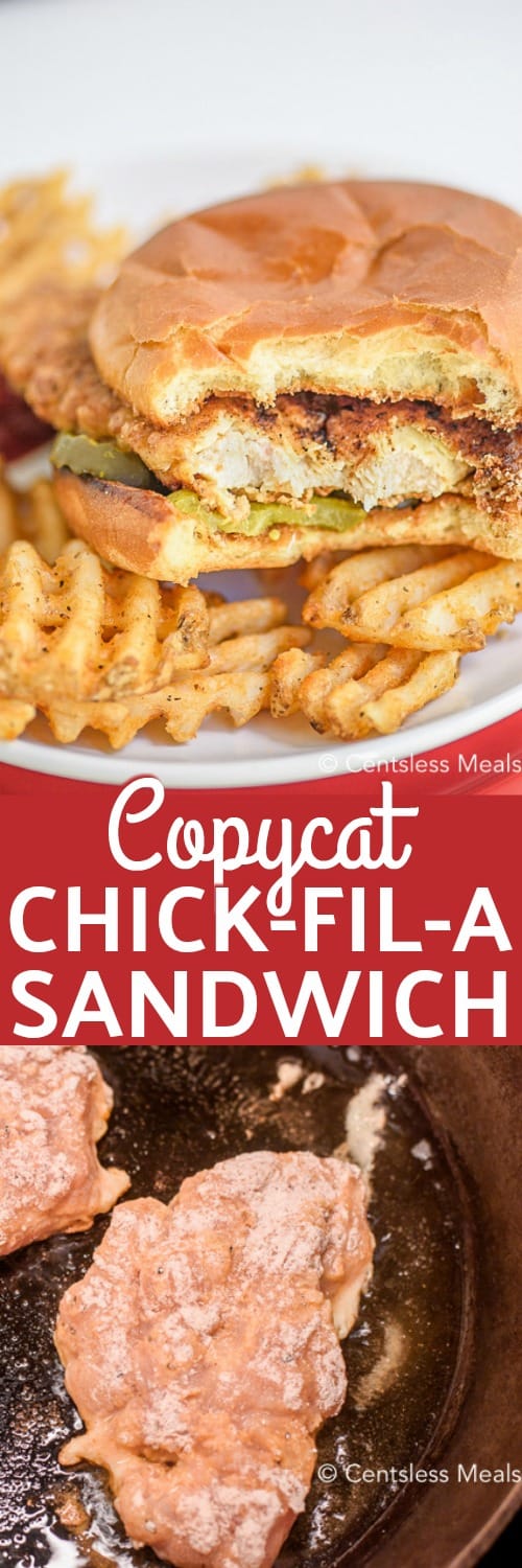 Copycat Chick-Fil-A Sandwich with waffle fries and ketchup, cooking chicken in a skillet