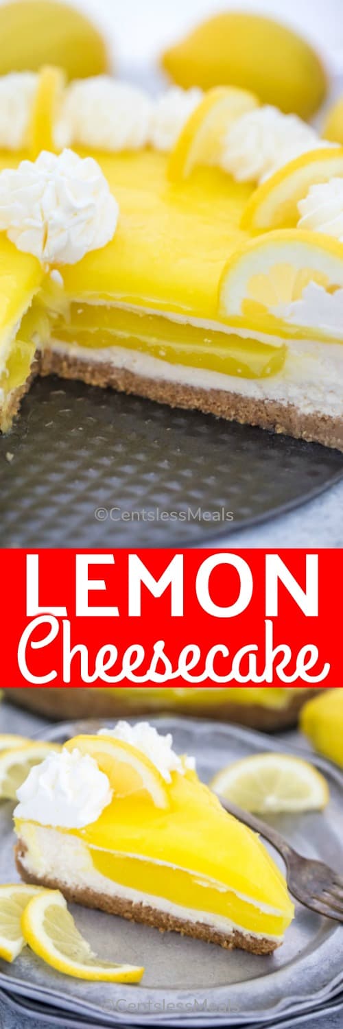 a lemon cheesecake with a slice out of it, and a slice of cheesecake on a plate