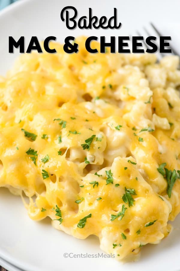 closeup of white plate of Baked Macaroni and Cheese